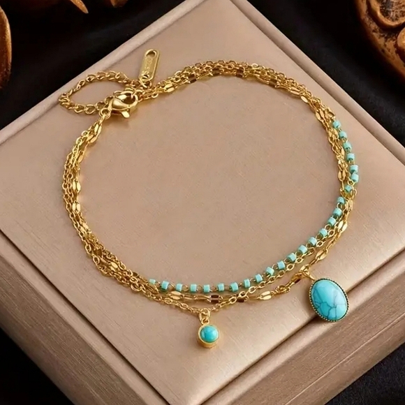 18k Gold Chic Boho Triple Layered Turquoise  Bracelet - Picture 1 of 3